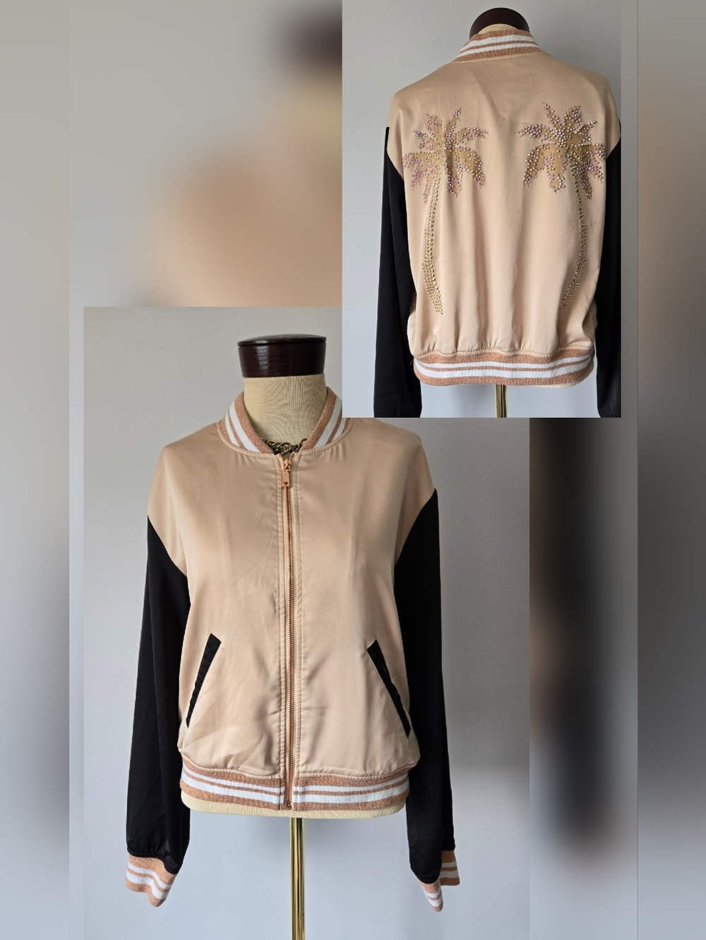 Guess Mited Gold And Black Palm Tree Embellished Bomber Jacket. Size Medium